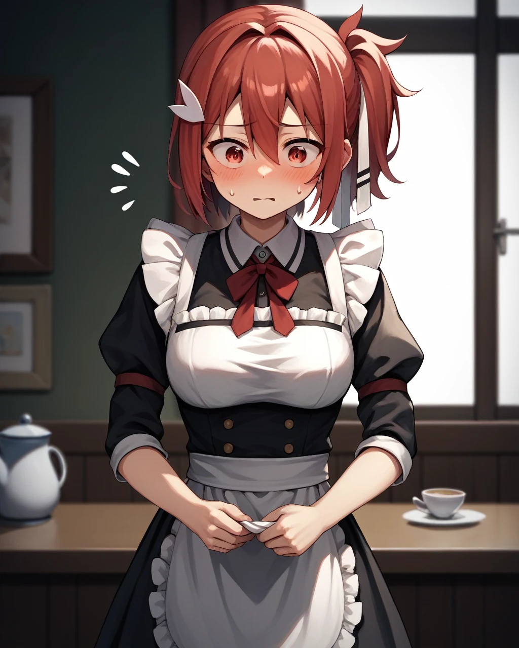 score_9, score_8_up, score_7_up, score_6_up, score_5_up, score_4_up, BREAK source_anime,
1girl, solo, hair ornament,hair ribbon,hair between eyes,red hair,red eyes,short side ponytail, inside home, clothes maid, embarassed,