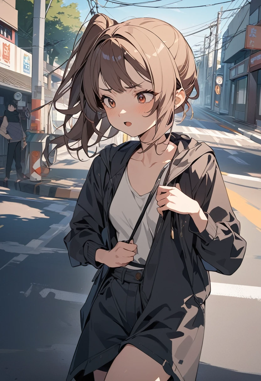 ((masterpiece,Highest quality;1.3,best illustration)),cowboy shot,1woman、25 year old beauty、独奏,((very small head:1.5)),dark brown hair,long hair,bangs,brown eyes,gorgeous eyes,blush,small breasts,((very long body:1.3)),((toned body,slender body,skinny)),gleaming skin,shiny skin,oily skin,(Soaked in the rain、Black zip-up hoodie outer jacket、White tight T-shirt、denim micro shorts)、Carrying a black backpack、heavy rain、rain、on street,Tokyo,