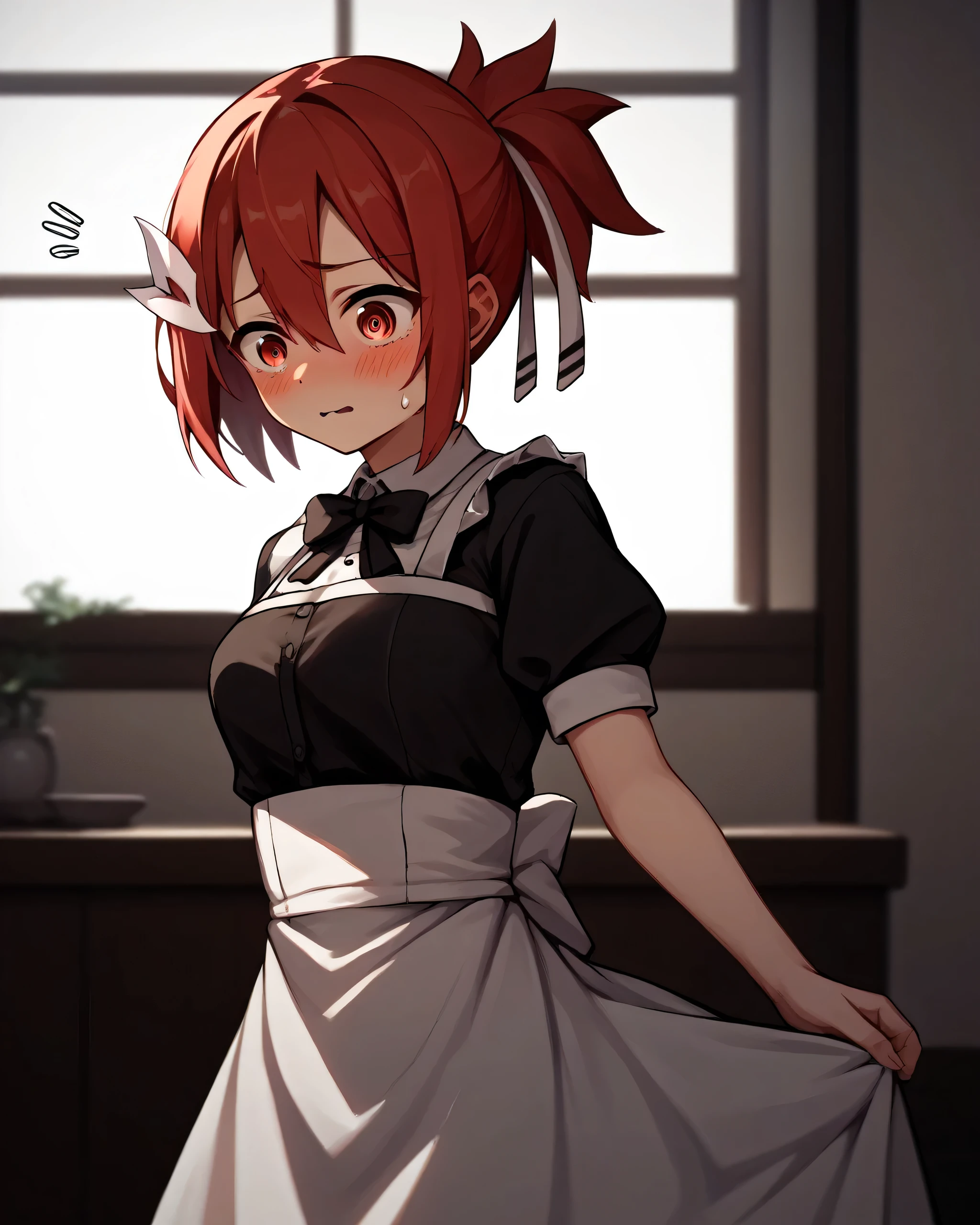 score_9, score_8_up, score_7_up, score_6_up, score_5_up, score_4_up, BREAK source_anime,
1girl, solo, hair ornament,hair ribbon,hair between eyes,red hair,red eyes,short side ponytail, inside home, clothes maid, embarassed,