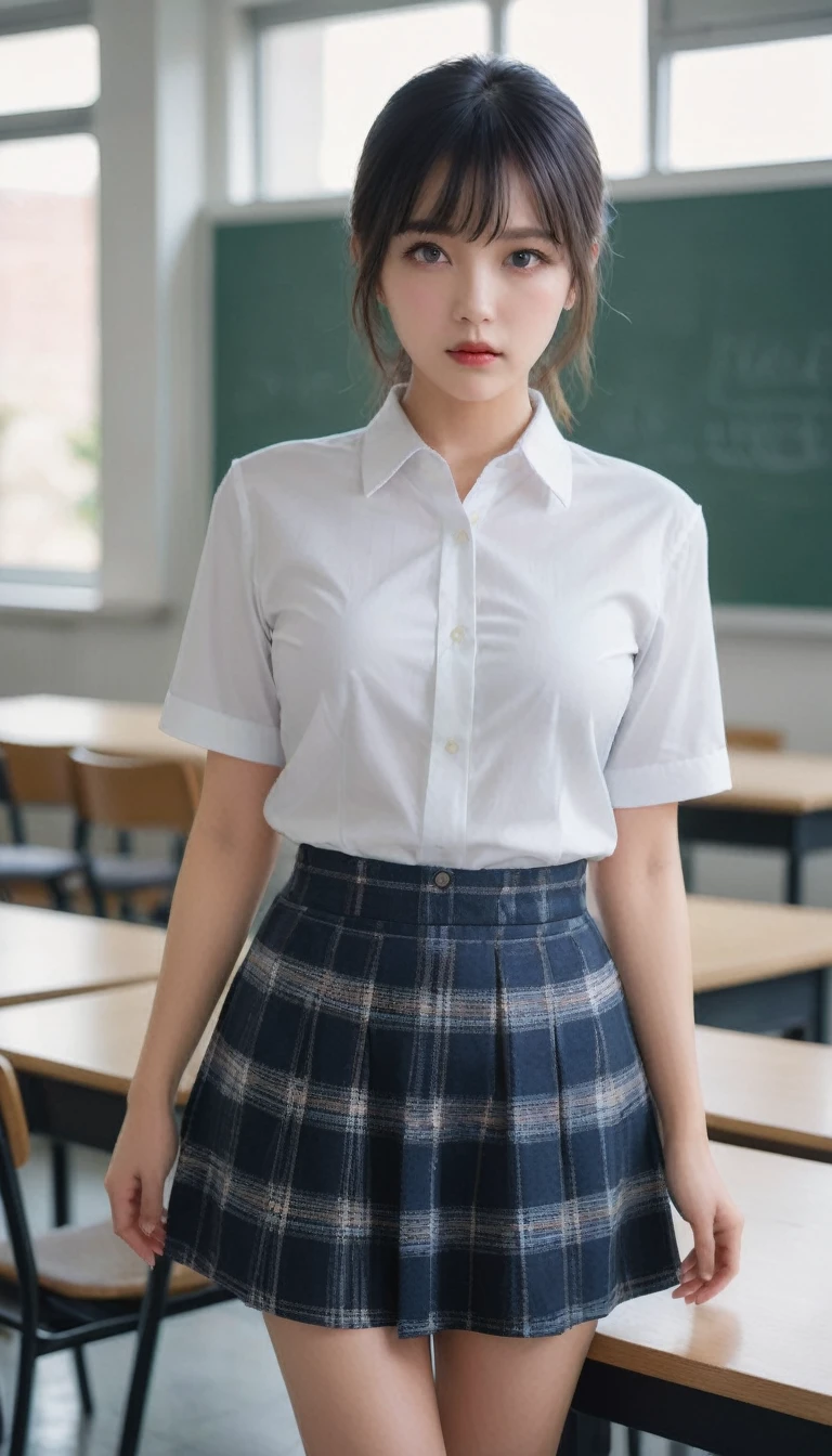 NSFW,score_9,score_8_up,score_7_up, best quality, masterpiece, photo realistic,realistic eyes,BREAK,2girls,multiple girls,cute,20yo,orgasm,closed mouth:1.2,white collared shirt, short sleeve, navy plaid skirt,(cunnilingus:1.2),big breasts, lift shirts,(show breasts, show nipples:1.3),white skin, shiny skin, floating hair,embarrassed,bangs,black eyes,black hair,blush,very detailed clothes,very realistic textures,very detailed textures,indoors,classroom,black board,natural lighting, depth of field,blurred background,
