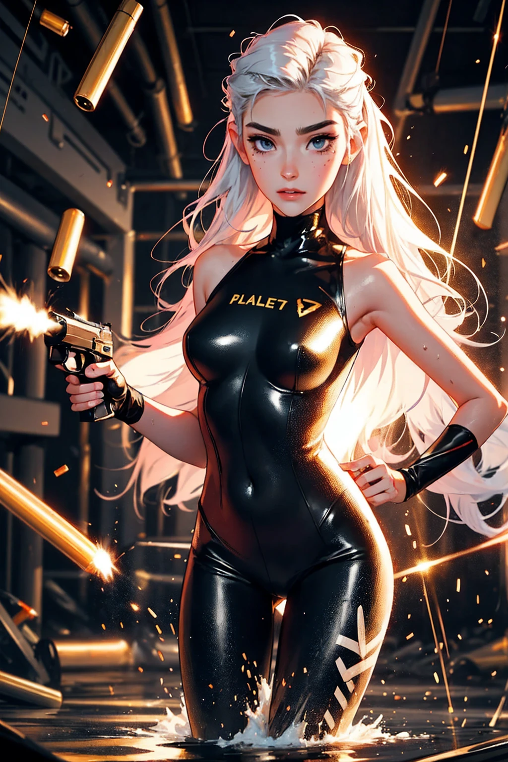 photorealistic, high resolution, 1 women, solo, hips_up, hips up, beautiful eyes,dark makeup, influencer, thot, blush,  look at viewer, close lips, detailed face, white hair, long hair,, , (black and gold bodysuit, futuristic), shiny skin, wet skin, slender body, dark makeup, abs, slender, hair pushed back in front, slim body, tsunami hair, (firing,bullet,gun,light particles)
