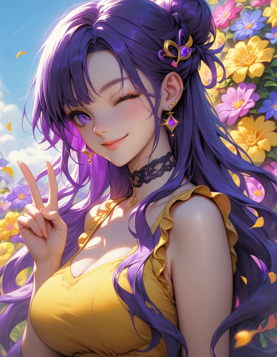 score_9, score_8_up, score_7_up, score_6_up, source_anime, 1girl, solo, fe0rochi, purple hair, hair bun, long hair, purple eyes, hair ornament, choker, earrings, large breasts, yellow sundress, looking at you, from side, wink, happy, smile, closed mouth, peace sign, flowers, meadow,
