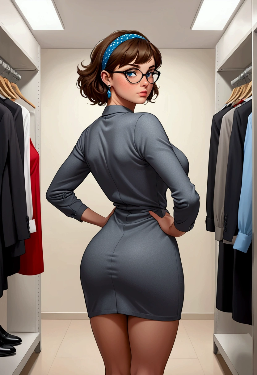 20-year-old woman, Short brown hair, Méditerranéenne aux Blue eyes, Generous and heavy breasts, fine size, definition of l&#39;estomac, fesses rebondies et pulpeuses, naturally curved, muscular thighs, Blue eyes, lunettes, fitting room, freckles , in gray shirt dress , fashion, heeled boots, collants noirs , headband in hair, make up, earrings, behind view, fringe