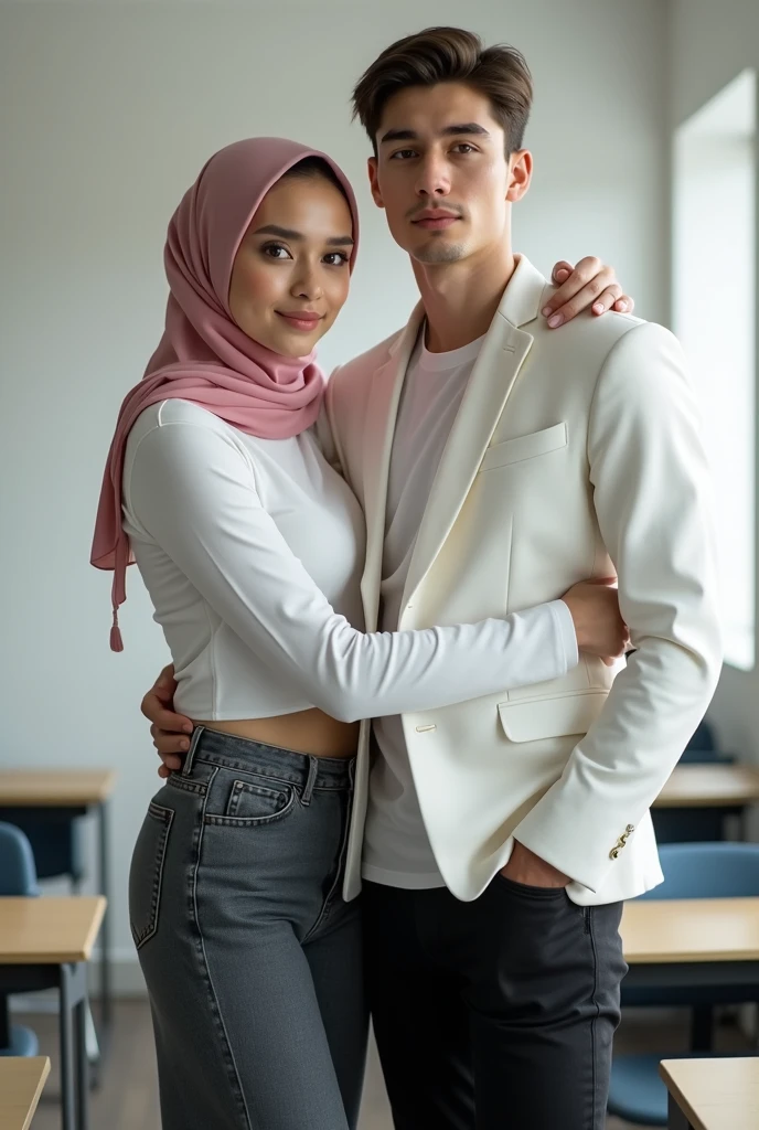 RAW, Best quality, high resolution, masterpiece: 1.3), beautiful Malay woman in hijab (iu:0.8),/(in a modern office/), 1lady solo, /(beige long pencil skirt jacket/) id card, blush on smile friendly, (best quality masterpiece: 1.2) very detailed, big breasts, big buttocks, from behind,(looking at the audience, looking back, facial details, double eyelids, smiling,the other is a young muscular man, he's in shorts and a T-shirt, the man standing directly behind her smiling, ((his hand is on her butt groping it)))