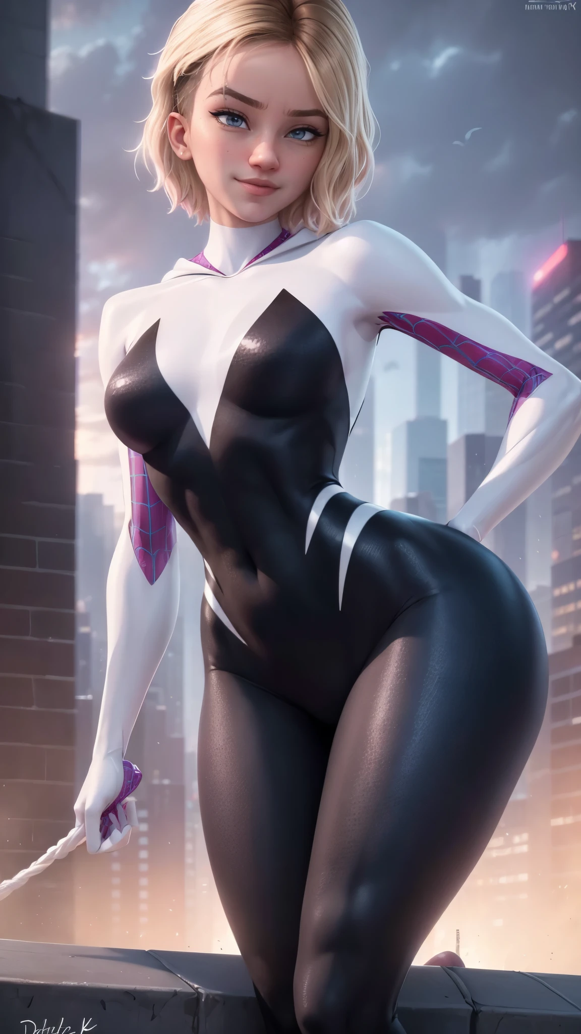 Spider-gwen da Marvel,(best qualityer,4K,8k,high resolution,work of art:1.2)(weather: night), new york background, downtown rooftop, wide hips, short curly hair, blonde and pink hair, full bodysuit, vintage shoes, light makeup, cute pose, spider web, ultra detailed,portrait,realistic,beautiful detailed blue eyes, beautiful detailed lips,extremely detailed eye and face, long eyelashes,average, large breasts,flying hair,beaming smile, cute smile,powerful girl in combat, bright coloured, dramatic lighting,