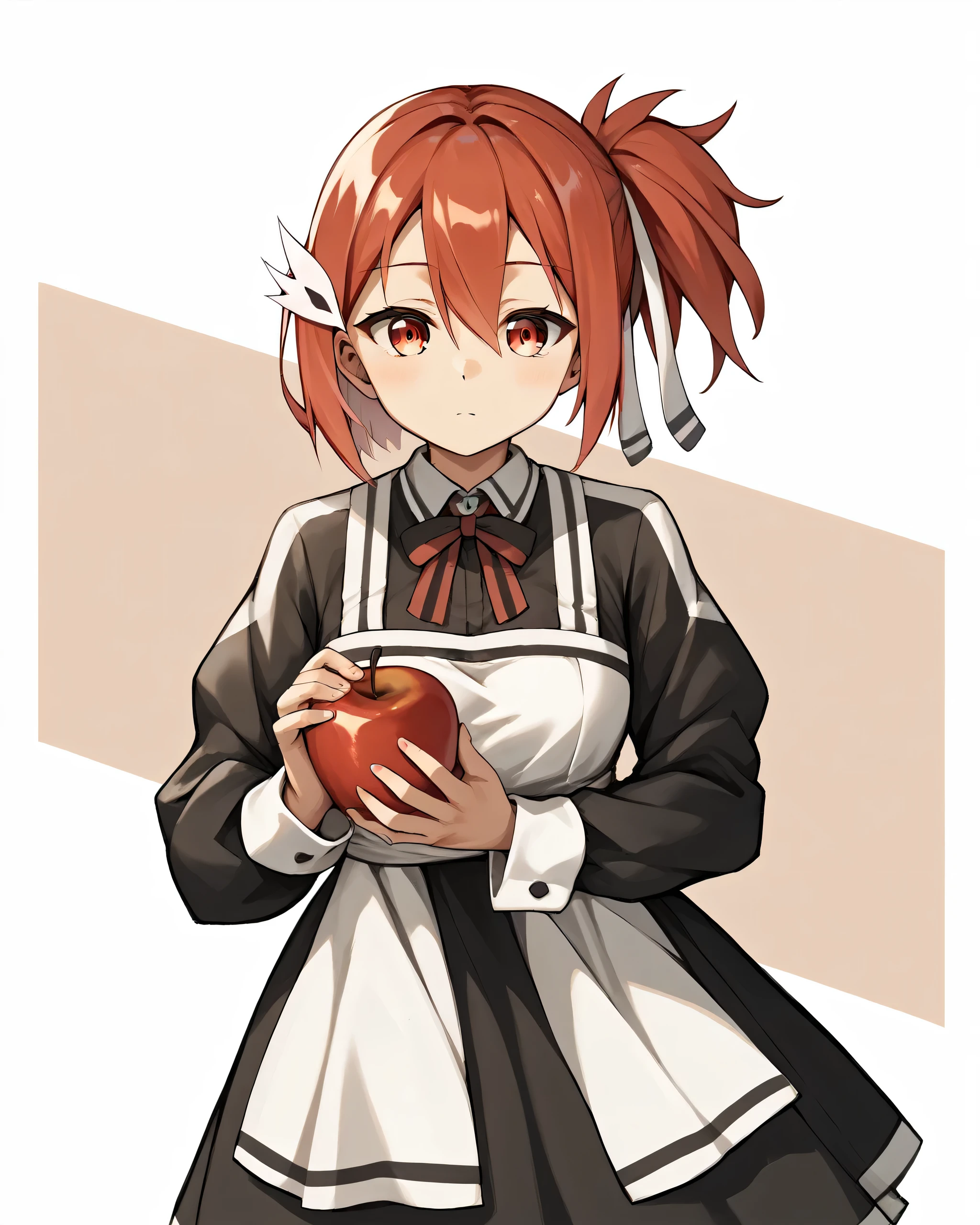 score_9, score_8_up, score_7_up, score_6_up, score_5_up, score_4_up, BREAK source_anime,
1girl, solo, hair ornament,hair ribbon,hair between eyes,red hair,red eyes,short side ponytail,black thighhighs,clothes maid,Holding an apple in your hand with your eyes closed, as if you were offering it to someone,