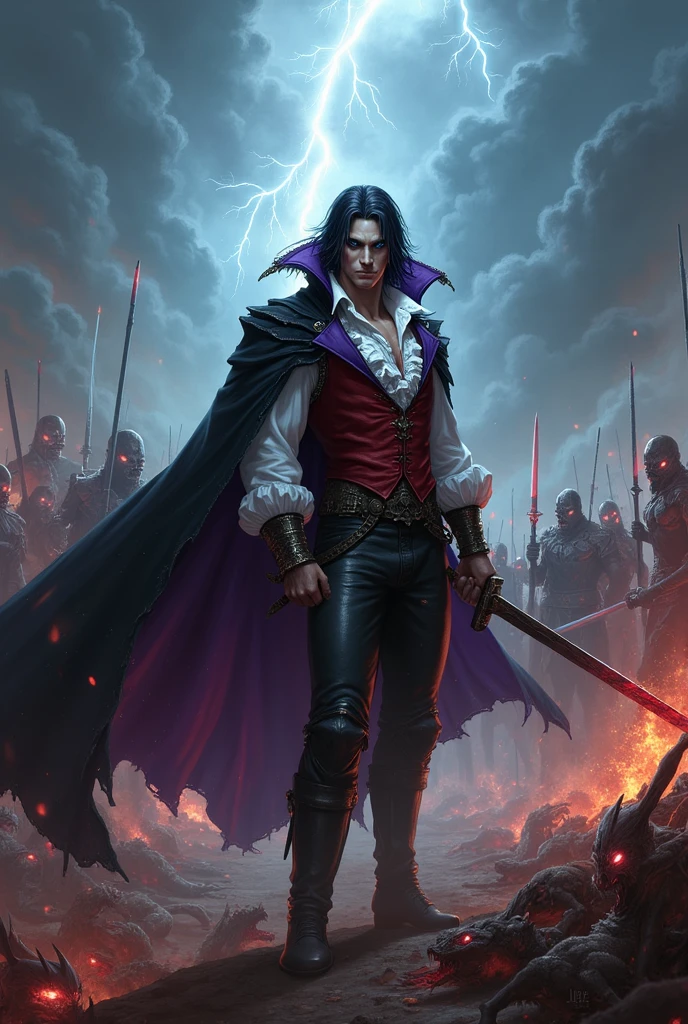 "Create an illustration of Bartese Mory, a man marked by burn scars on his face. His eyes carry the intensity of smoldering embers, reflecting his unwavering determination. He wears a dark leather jacket adorned with intricate patterns that enhance his imposing presence. His dark, slightly wavy hair falls around his face. The dark cloak he wears moves gently in the wind, adding a touch of mystery to his figure. His posture and expression reveal the duality of his journey, representing both the dark past he has overcome and the hope he now carries."