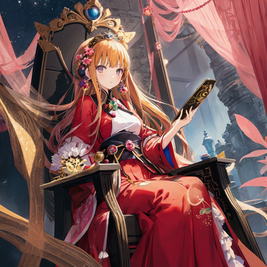 (pixiv masterpiece),masterpiece, best quality, 1girl, Futaba sakura, queen, throne, simile, long dress.