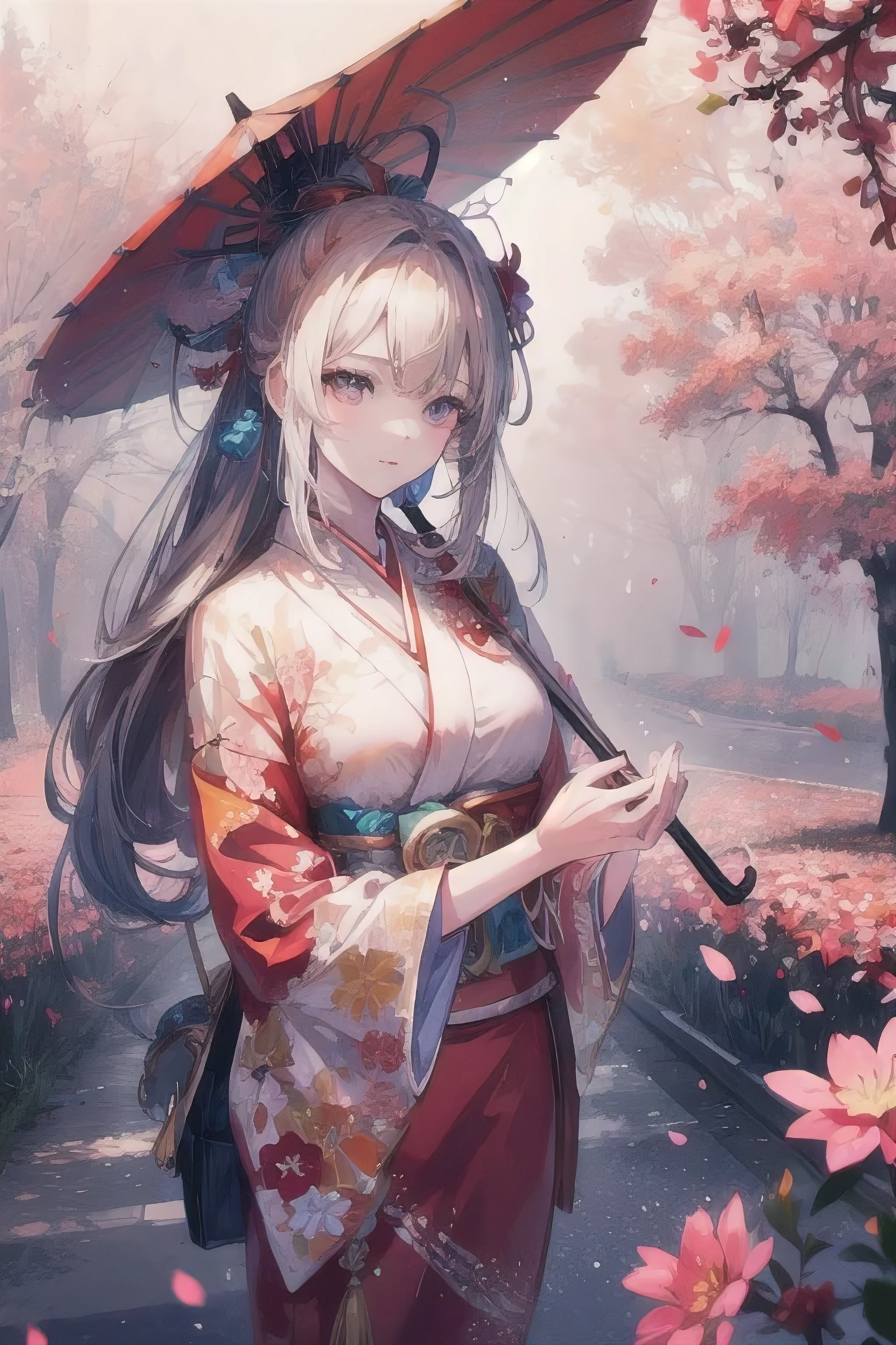 a beautiful girl, yoimiya from genshin impact, standing in a cherry blossom forest at night, detailed street lamps on a road, (best quality,4k,8k,highres,masterpiece:1.2),ultra-detailed,(realistic,photorealistic,photo-realistic:1.37),detailed haori over kimono, holding an elegant umbrella,detailed petals of cherry blossoms,dramatic lighting,vibrant colors,cinematic composition,seamless integration