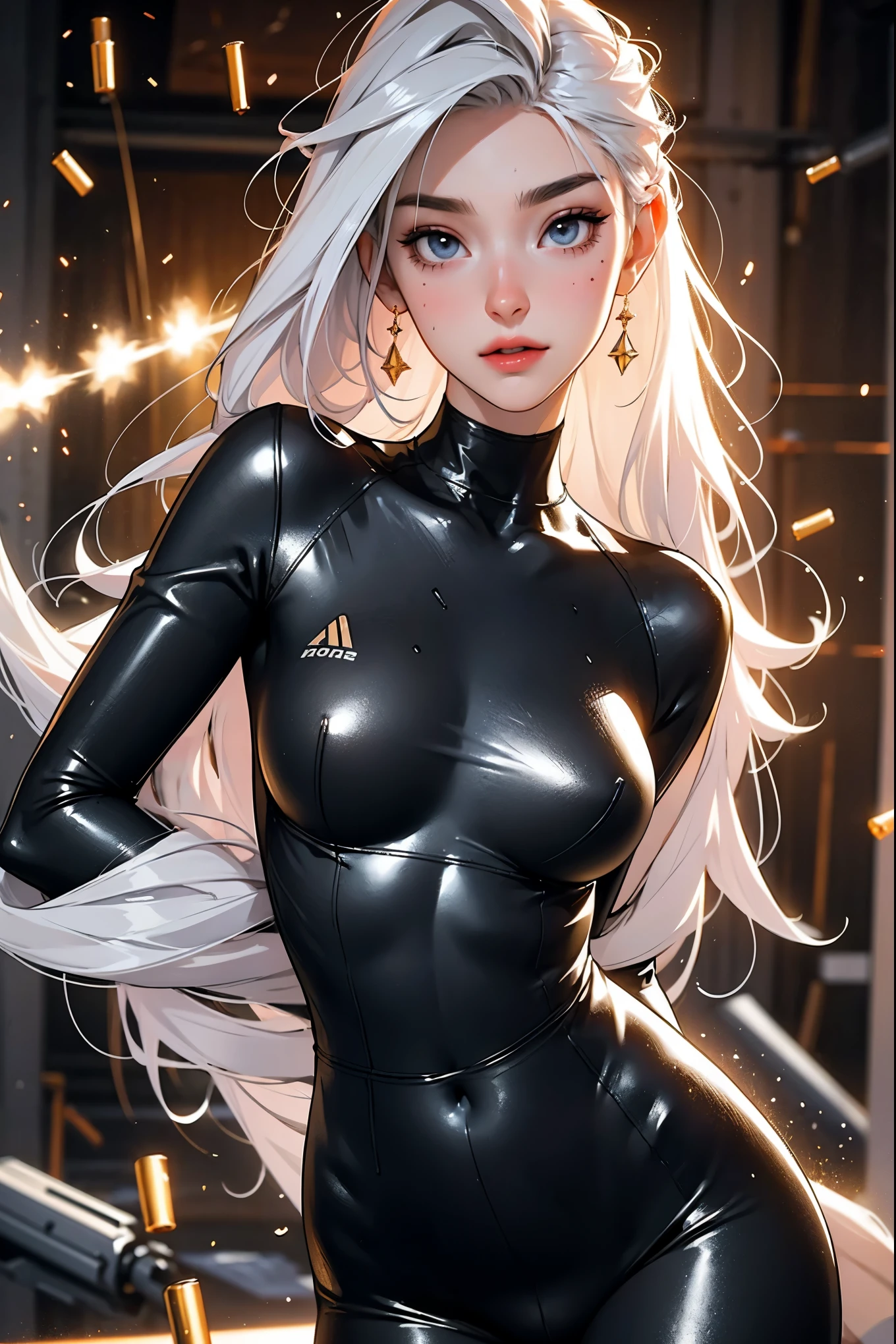 photorealistic, high resolution, 1 women, solo, hips_up, hips up, beautiful eyes,dark makeup, influencer, thot, blush,  look at viewer, close lips, detailed face, white hair, long hair,, , (black and gold bodysuit, futuristic), shiny skin, wet skin, slender body, dark makeup, abs, slender, hair pushed back in front, slim body, tsunami hair, (firing,bullet,gun,light particles)
