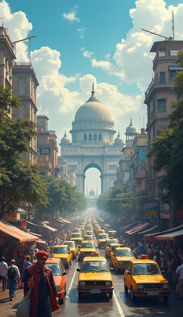 A day in kolkata in front of Victoria memorial with yellow taxi and people on roads 