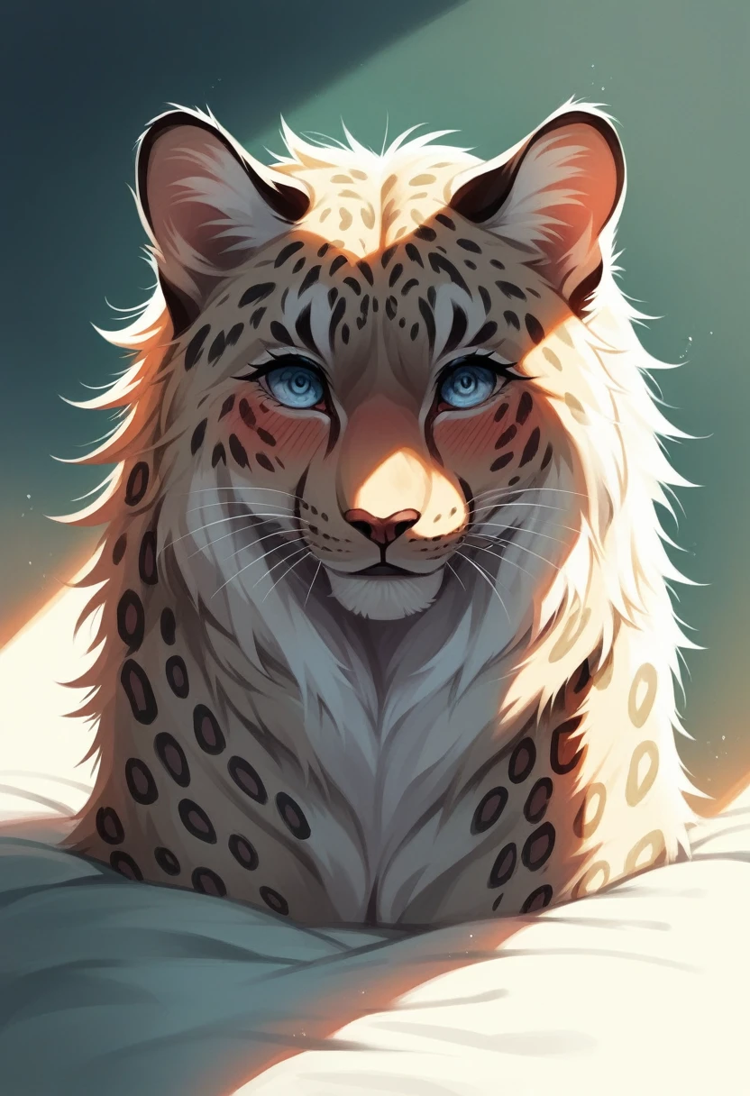 closeup, (anthro furry cheetah lioness female hybrid), silver white lion mane, (glowing pale white fur), purple cheetah spots, athletic body, (fierce blue eyes), (naked), (topless), (black background), (by hioshiru and kenket and Ruan Jia and Bayard Wu)