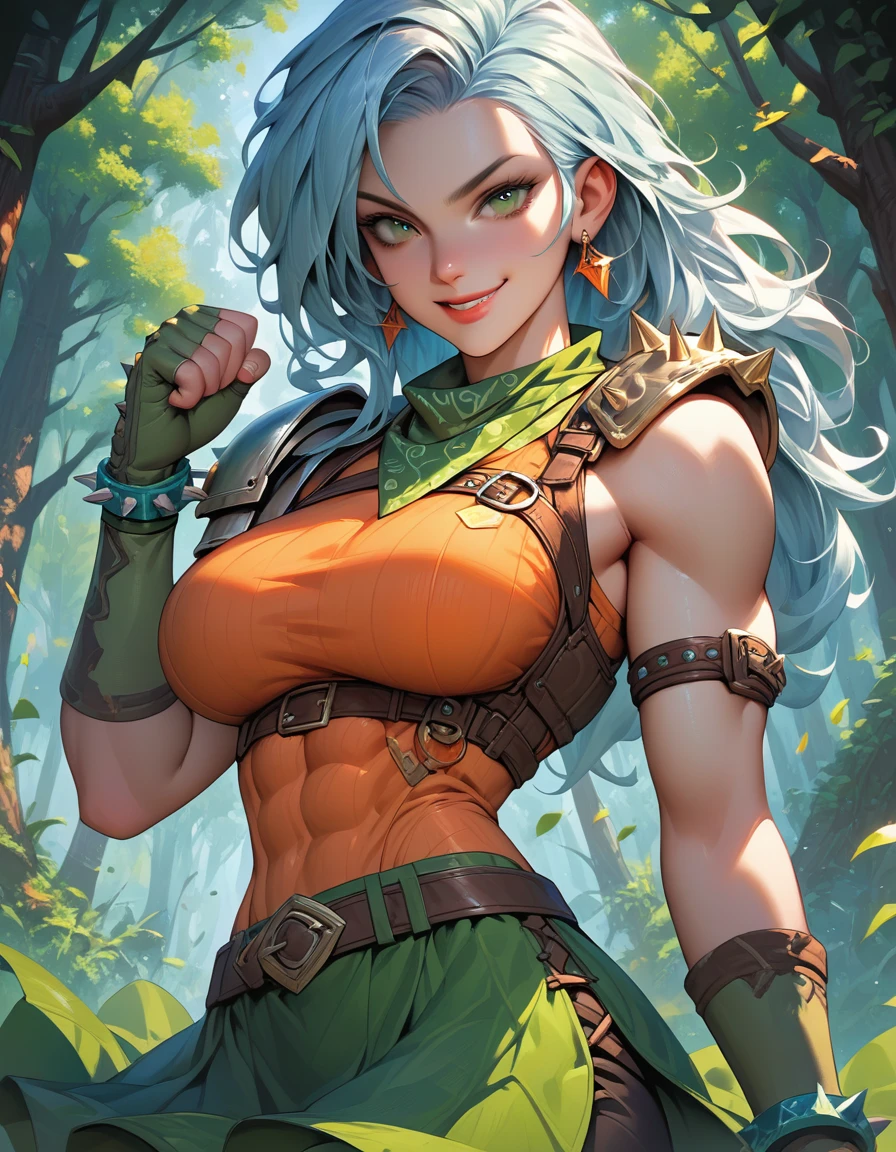 score_9, score_8_up, score_7_up, score_6_up, source_anime, 1girl, solo, feechid, light blue hair, green eyes, green bandana, green armor, shoulder armor, orange shirt, shoulder spikes, belt, green skirt, bracelet, green gloves, fingerless gloves, forest, toned, smug, upper body, clenched hand, hand up, looking at you, big breasts, portrait, happy
