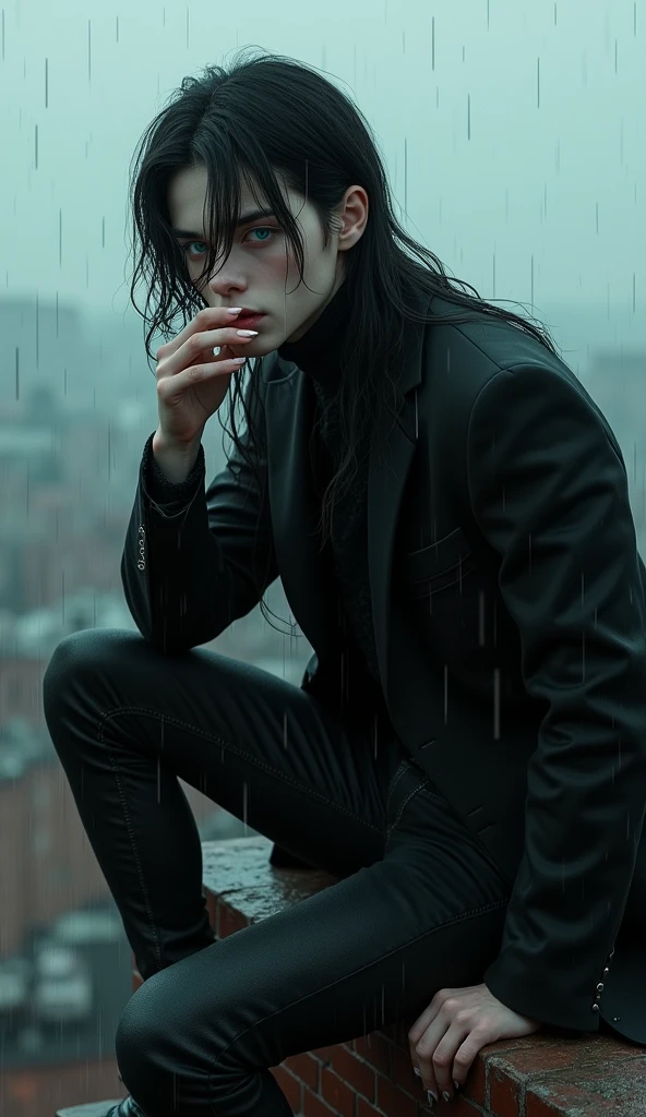 A sexy male with teal blue eyes and long black hair, with a nice and delicate facial features, dressed in gothic clothes, his skin is pale and white, he's smoking a cigarette while dancing in the rain on the edge of the rooftop. He looks seductive. No facial hair. (Male)