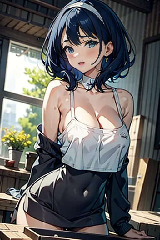 (dynamic angle:1.3, front view:1.1, breast focus:1.3, from below:1.2), (dynamic posing:1.5, sexy posing:1.3, leaning forward), (seductive smiling:1.3),masterpiece, 1girl, (pointed chest:1.3), cleavage:1.1,(double breasted:1.2,under bust:1.2), Amazing Cleavage:1.3, thin waist, big ass, Raised sexy, small breast: 1.2 posed cleavage:1.2、solo, looking at viewer, open mouth, have a grass of beergrass,black hair, blue eyes, bare shoulders, jewelry, collarbone, sidelocks, hairband, earrings, indoors, (red off shoulder sweater dress:1.3), arms behind back, short hair with long locks, blue white hairband, big side hair, very long side hair is rendered in (masterpiece: 1.2, best quality), with (ultra high resolution) and an exquisite (depth of field). This masterpiece is not only visually stunning but also tells,A scene of cooking in the kitchen
