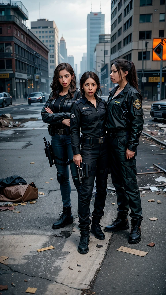 medium shot photo, half body photo, Design an 8k movie poster showing a medium shot of three main female characters dressed as special ops agents, wearing tactical gear with black combat jackets, gloves, and gear belts. They are positioned side by side in an intense pose, captured from the waist up, with determined and fierce expressions. The backdrop features an abandoned city in chaos, with crumbling buildings, broken windows, and scattered debris. The lighting is gritty, with muted colors and shadows emphasizing the post-apocalyptic environment, capturing the tension and urgency of a world on the brink of collapse.