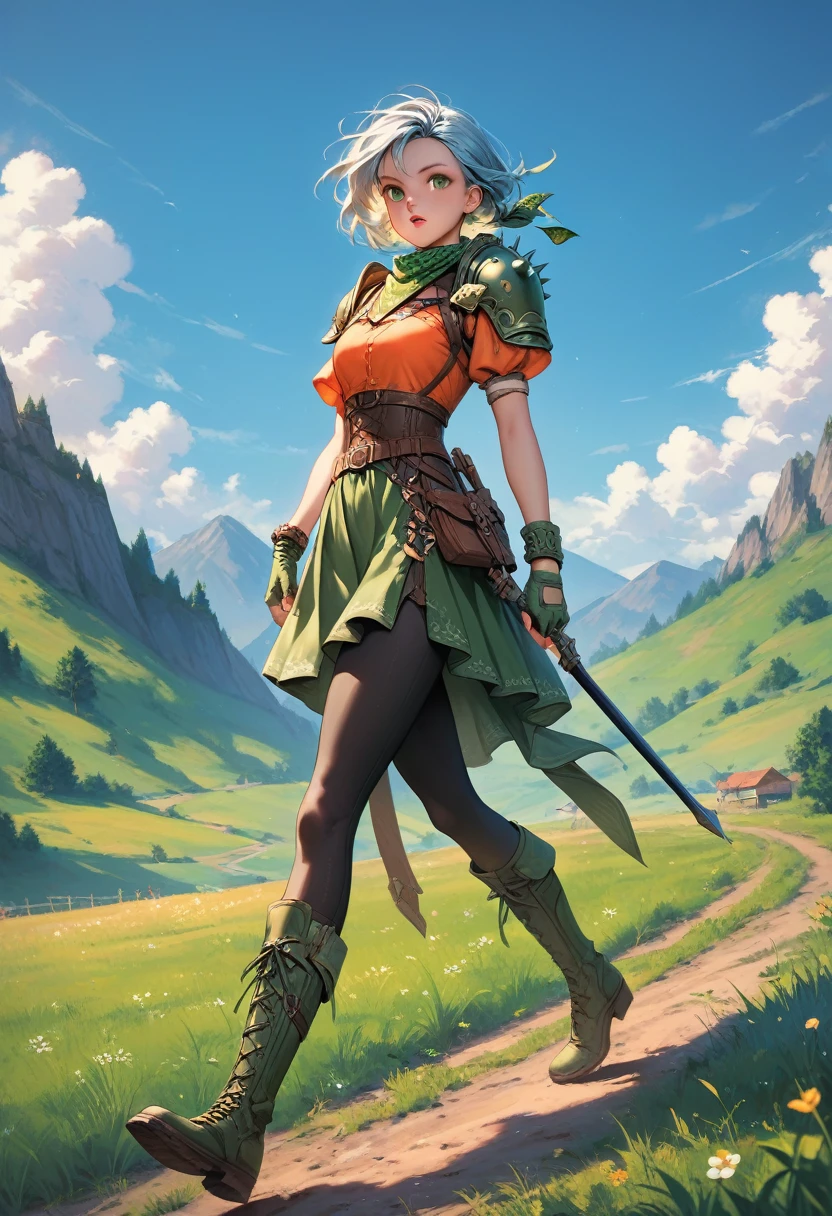 score_9, score_8_up, score_7_up, score_6_up, source_anime, 1girl, solo, feechid, light blue hair, green eyes, green bandana, green armor, shoulder armor, breastplate, orange shirt, shoulder spikes, belt, green skirt, bracelet, green gloves, fingerless gloves, black pants, fit, walking, from side, looking at you, chestnut mouth, curious, blue sky, field, mountains, boots, full body
