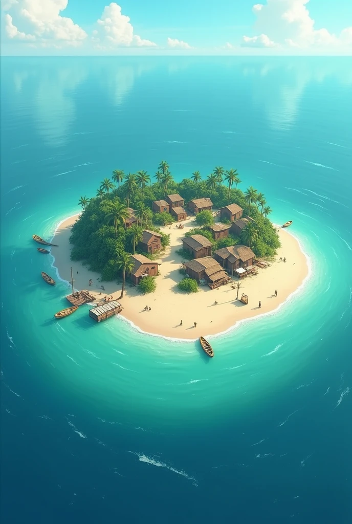 Distant island and humble village: Image of an island surrounded by sea, with a small town of simple houses.