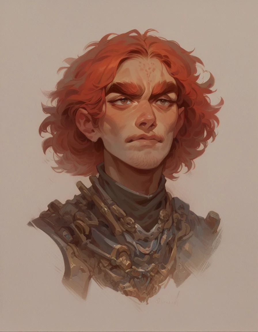 A portrait of a gnome in mechanig uniform with red hair and long brows, desert background, fantasy comic art