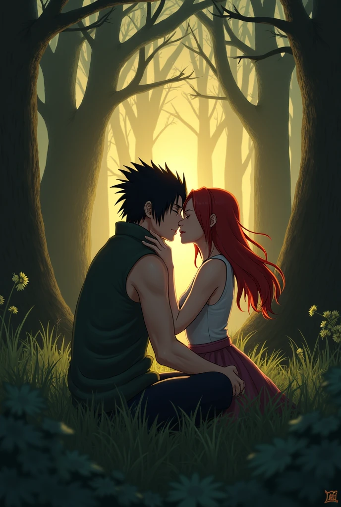 Shikamaru kissing a red-haired girl in a ninja outfit