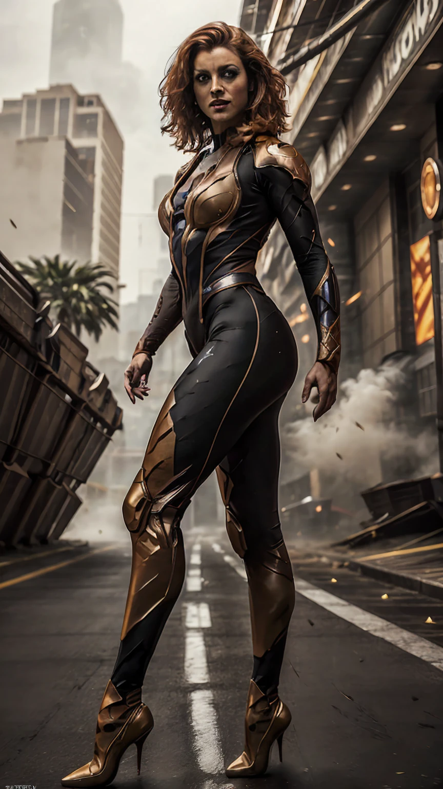 ((Full body photo, standing, feet on the floor))  (realistic, photorealistic), cinematic film still , (best quality:1.27), (masterpiece:1.27), (detailed:1.17), perfect orange tiger eyes,  dynamic,   CheetaraQuiron character  action hero pose , movement effect superspeed, speed lines,  light trails with motion blur effect, dynamic movement, foreboding scene,  explosions, fog, lightning, Doomsday,  leotard, upper body, abs, (muscle legs),  . shallow depth of field, vignette, highly detailed, high budget Hollywood movie, bokeh, cinemascope, moody, epic, gorgeous, film grain, grainy,  (high quality skin), (high detailed face skin), (realistic iris), (realistic pupils), (skin pores), (skin imperfections:0.27),