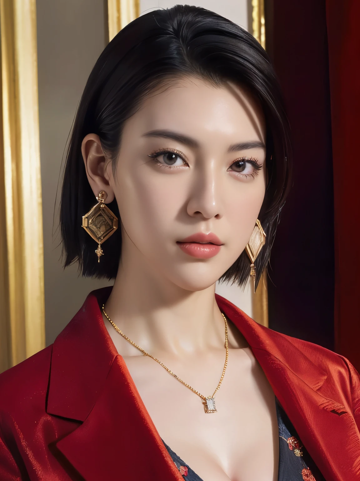 High resolution、masterpiece、Textured skin、high quality、超High resolution、politician, Very detailed、woman、Face close-up、Looking at the camera、Big Breasts、Cleavage, short hair, Perfect Style、Long legs、red jacket, black suit, necklace, earring, parliament badge