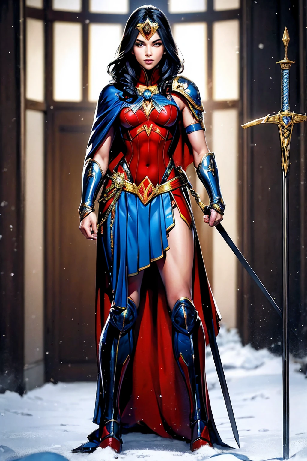 ((full body photo, standing)) masterpiece, best quality, 1girl, veronica, (((full body photo))) 1 girl, Wonder Woman, bracelet, black hair, blurred, armband, breathing, cape, cowboy shot, depth of field, restraint, gun restraint, lasso, looking at viewer , parted lips, pommel, realistic, reverse grip, shield, skirt, snow, neveing, alone, superhero, sword, tiara, toned, weapon, weapon behind back, ((work of art))
