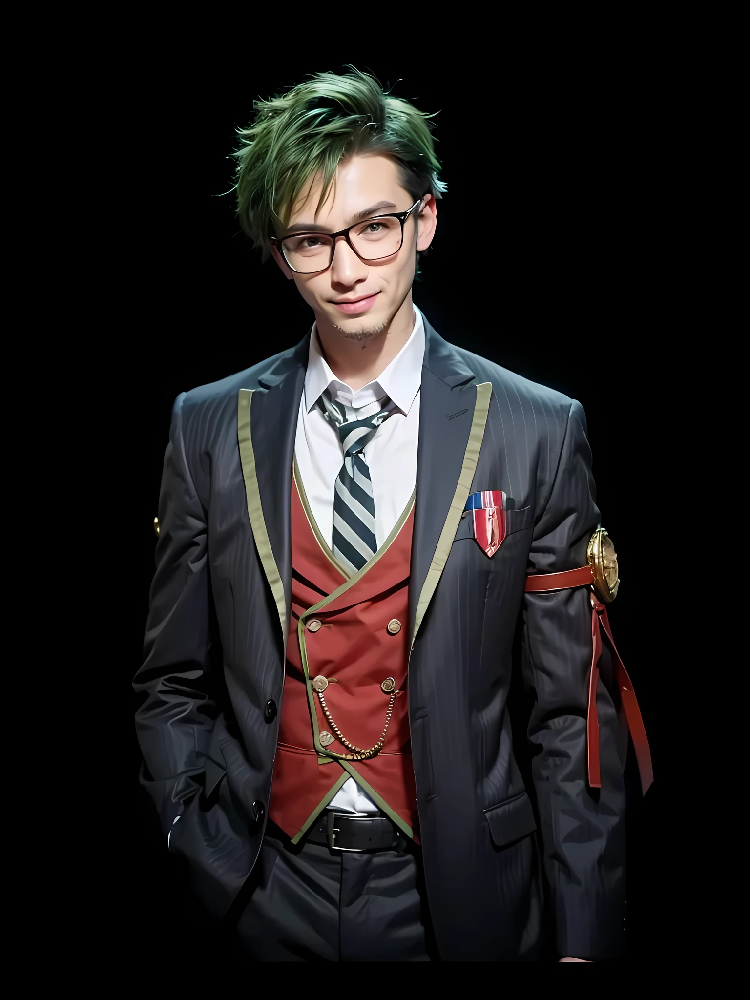 Man with short red hair and green eyes wearing the boku no hero student costume