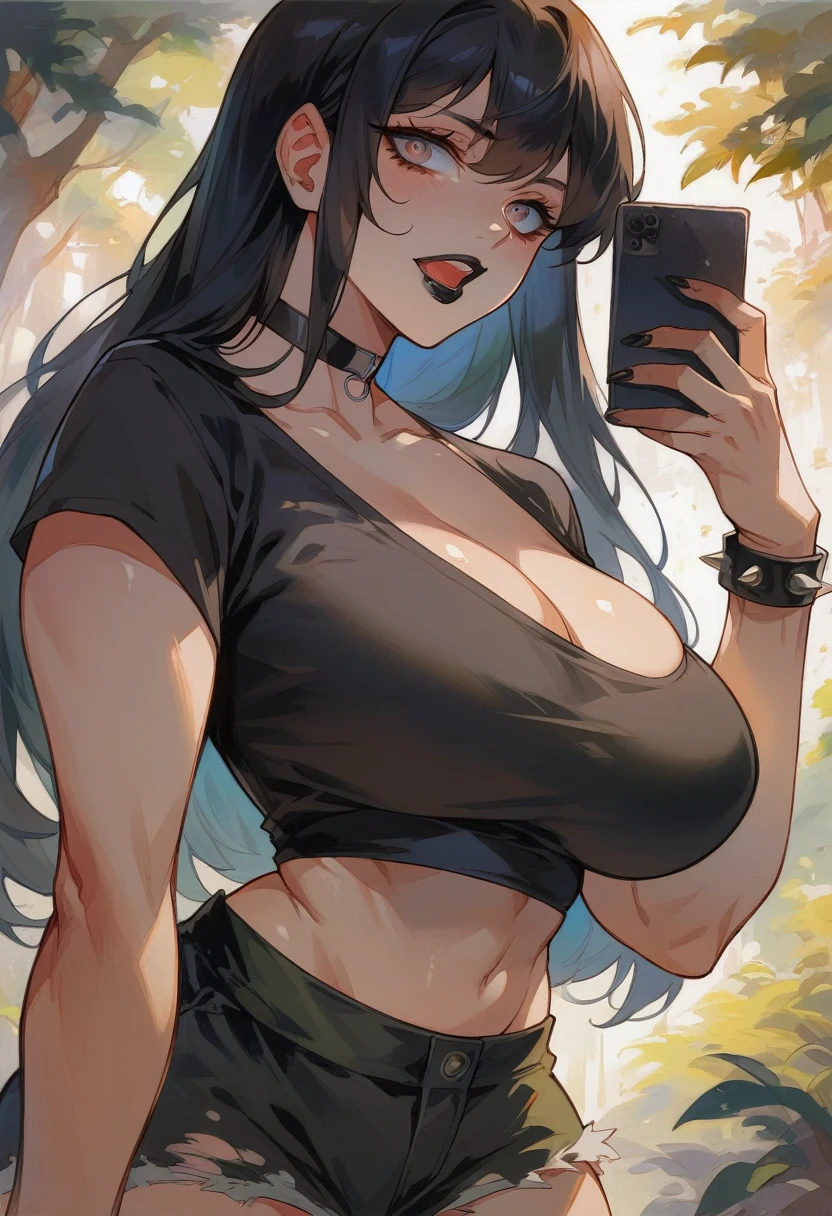 gothic woman, pale skin, Black Lipstick, long straight black hair with bangs, choker with spikes, black clothes, big breasts, thin waist, wide hips, attractive face, black t-shirt, shorts preto, spiked bracelet, talking on the cell phone, open mouth talking, on a cell phone call, lost in the forest