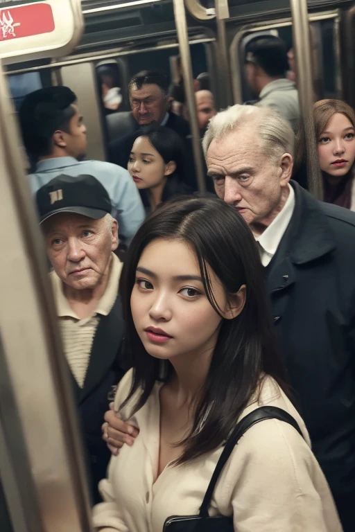 (nsfw)、Best Quality、Ultra-high resolution、巨大なchest、Perfect Face、Beautiful expression、Beautiful Face、Beautiful Eyes、Young woman、Subway car interior background、In a crowded train、(There are many men on the train.、Molestation of a man on a train)、(((( Old man standing behind woman、Old man grabs woman&#39;chest、Touch from the front.、Woman cries:1.2、They hesitate、3 males、1 female、 With men、Torn clothes))))、([Insert)　、(Ejaculation into the body、Massive ejaculation)、Expressions of fear、Blushing、Touched by various hands、Touched by many hands、The viewer extends his right hand、The man has a vulgar look、Dick、(White nurse uniform:1.2)、背景の人は全てTorn clothes、Man hugging、