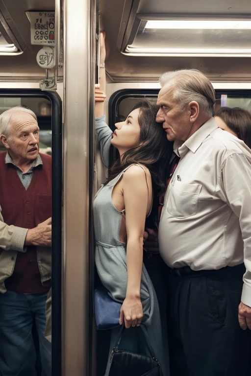 (nsfw)、Best Quality、Ultra-high resolution、巨大なchest、Perfect Face、Beautiful expression、Beautiful Face、Beautiful Eyes、Young woman、Subway car interior background、In a crowded train、(There are many men on the train.、Molestation of a man on a train)、(((( Old man standing behind woman、Old man grabs woman&#39;chest、Touch from the front.、Woman cries:1.2、They hesitate、3 males、1 female、 With men、Torn clothes))))、([Insert)　、(Ejaculation into the body、Massive ejaculation)、Expressions of fear、Blushing、Touched by various hands、Touched by many hands、The viewer extends his right hand、The man has a vulgar look、Dick、(White nurse uniform:1.2)、背景の人は全てTorn clothes、Man hugging、