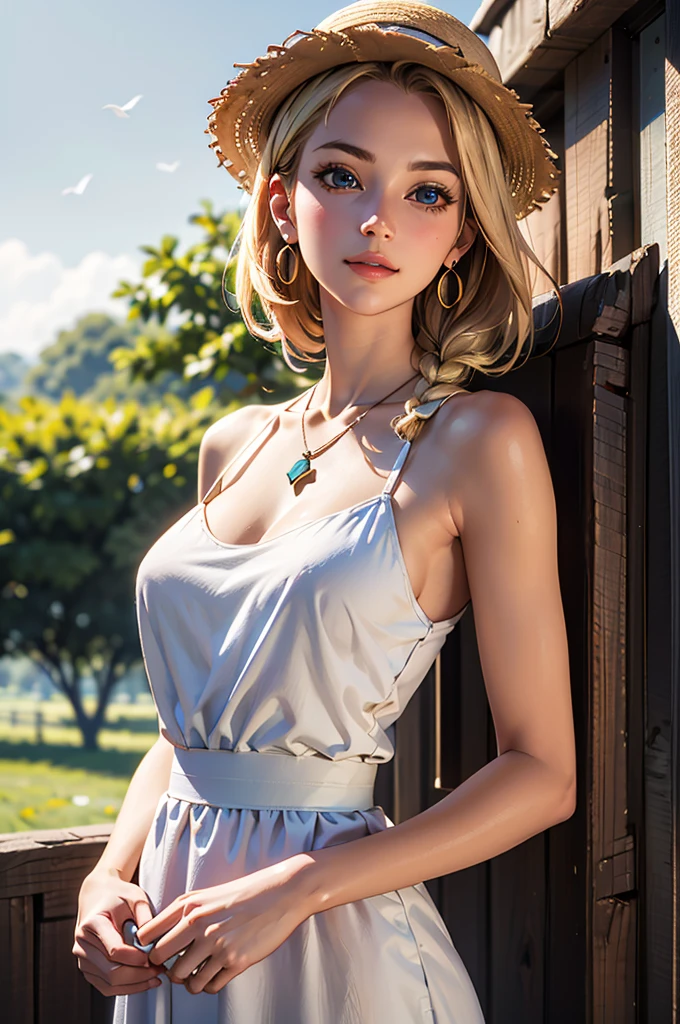 drooping eyes, eyes realistic sizing, ((round face, smiling, blush, shame play)), various pattern thin casual dress, arch hip, showing off arm pit and pubic hair, lift-up dress, climbing tree, strong sunlight, sweat, blond