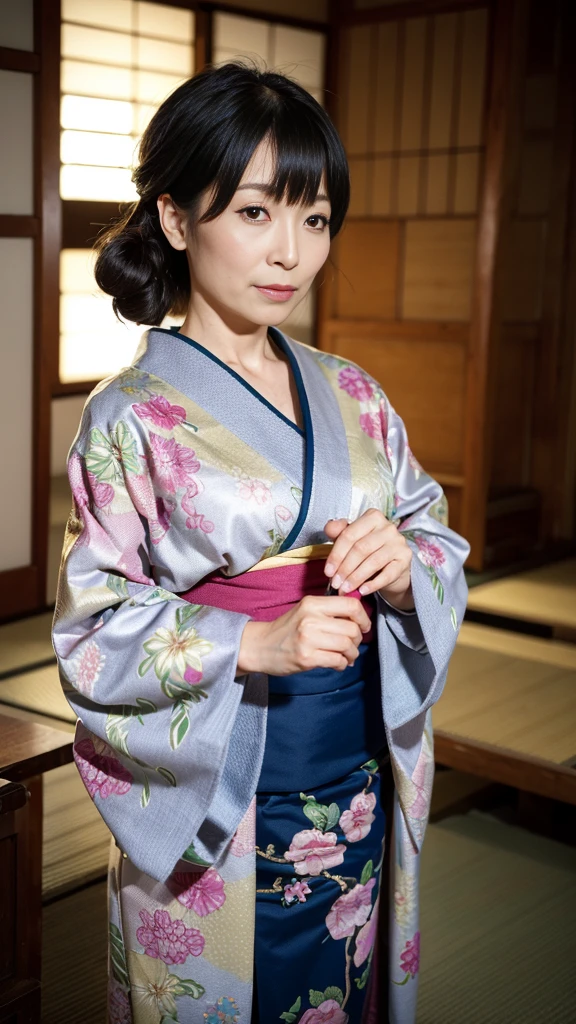 (masterpiece, highest quality:1.1), One girl, alone, Long Hair, Black Hair, black eye, Very large breasts, bare chest、kimono、Face like an actress、Slightly slanted eyes、Cowgirl、sex