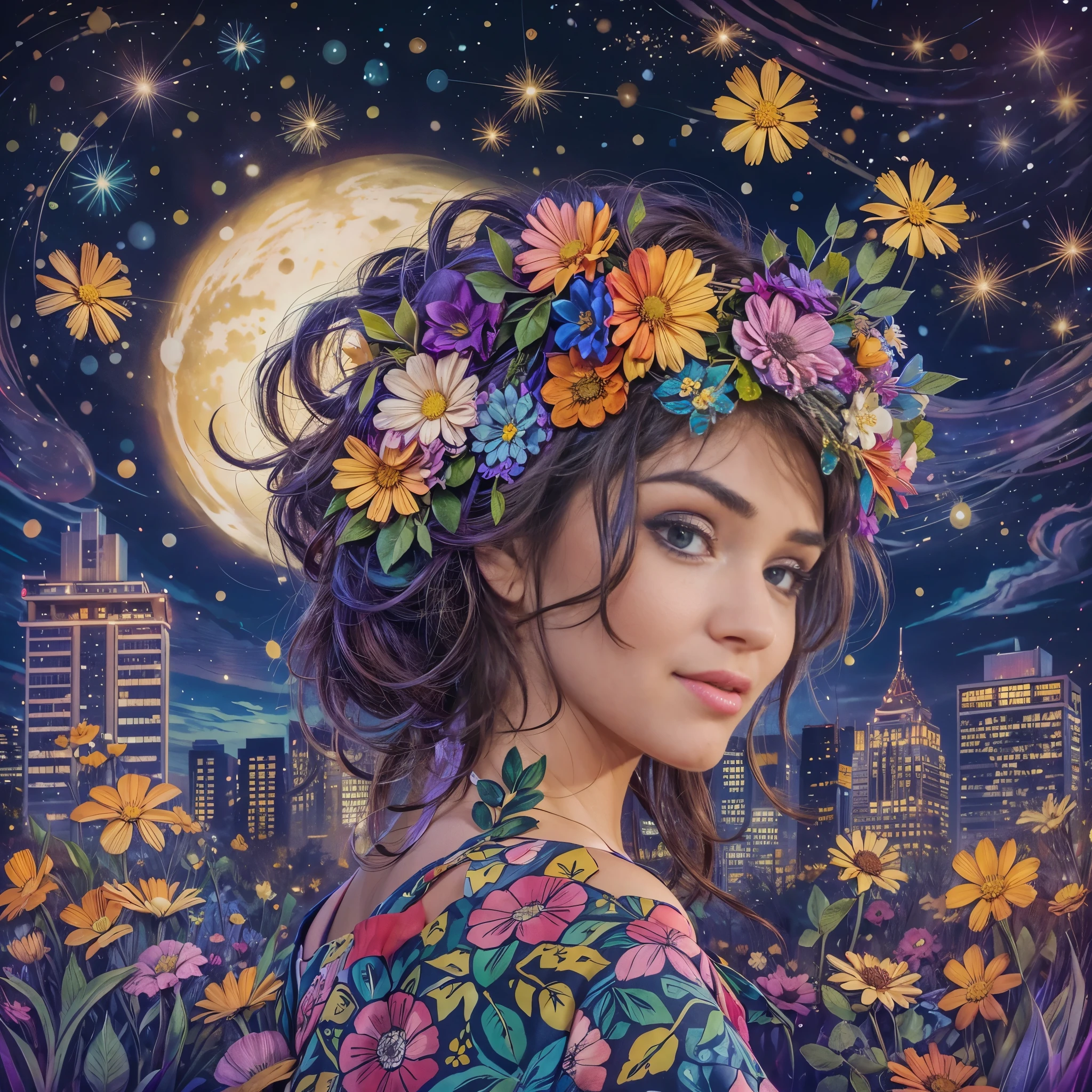 Beautiful woman with flowers in her hair, bright colors, outdoors, night sky, city park, looking at viewer