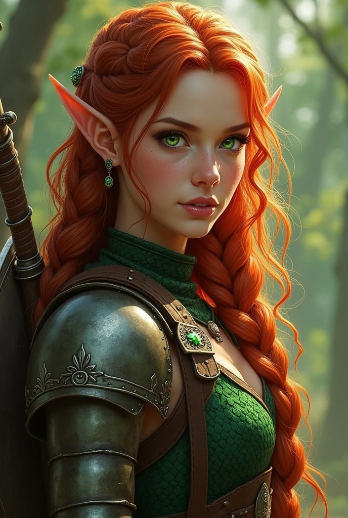 beautiful female elven warrior with red hair wandering the forest, wearing ornated elven armor, hunting a deer with her bow, cinematic background, sunlight falling through the trees, (best quality:1.1), (masterpiece:1.2), highres