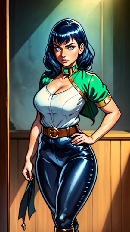 ((A young woman with flowing long dark blue hair, long side part bangs covering the right side of her face, sharp upward-arched thick eyebrows, large expressive eyes, a delicate oval face, a sensual wide mouth, a mocking expression, a fantasy martial arts-style emerald green short jacket with a blue undershirt, a high collar, rolled-up sleeves, matching fabric pants, a yellow waist belt, leather combat boots, one hand rests on her hip, surrounded by a cyan energy aura, standing in a fantasy style Chinese tavern)), this character embodies a finely crafted a fantasy martial arts heroine in anime style, exquisite and mature manga art style, pale skin, high definition, best quality, highres, ultra-detailed, ultra-fine painting, extremely delicate, professional, anatomically correct, symmetrical face, extremely detailed eyes and face, high quality eyes, creativity, RAW photo, UHD, 32k, Natural light, cinematic lighting, masterpiece-anatomy-perfect, masterpiece:1.5
