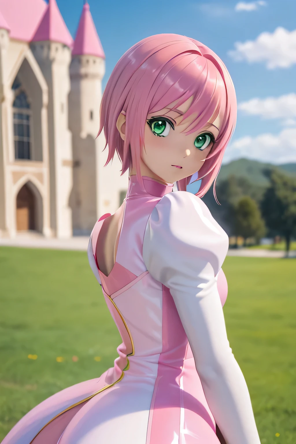 Perfect Anatomy　Best Quality,Highest Resolution,(((White and pink latex dress　Green Eyes　Pink Hair)))　Estellise　[blurry]　16k　Castle