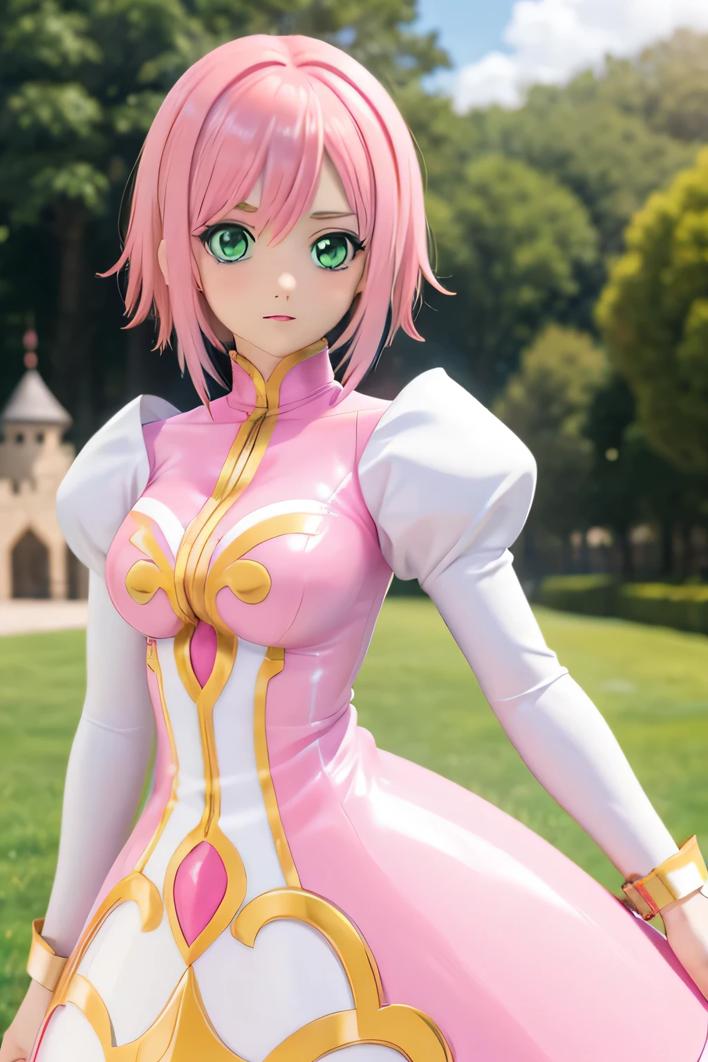 Perfect Anatomy　Best Quality,Highest Resolution,(((White and pink latex dress　Green Eyes　Pink Hair)))　Estellise　[blurry]　16k　Castle