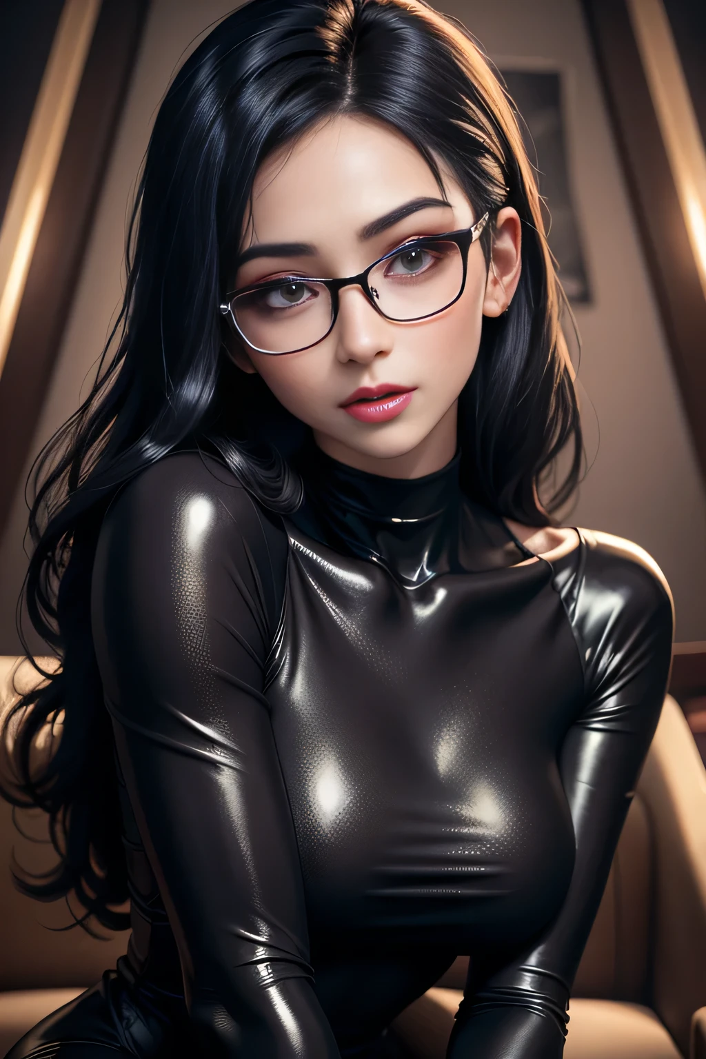 Ultra Macro Photography, fantasy girl, ((cute girl)), huge breasts, latex outfit, shiny/glossy latex, erotic outfit, hyper holographic black latex, long hair, long bangs, defined thick thighs, NSFW, hentai, perfect makeup, realistic face, (detailed eyes), light blue eyes, blonde hair, ponytail hairstyle, eyelashes, :o, bedroom, sitting on bed, leaning forward, (eyes looking at viewer), breasts shot, glasses
