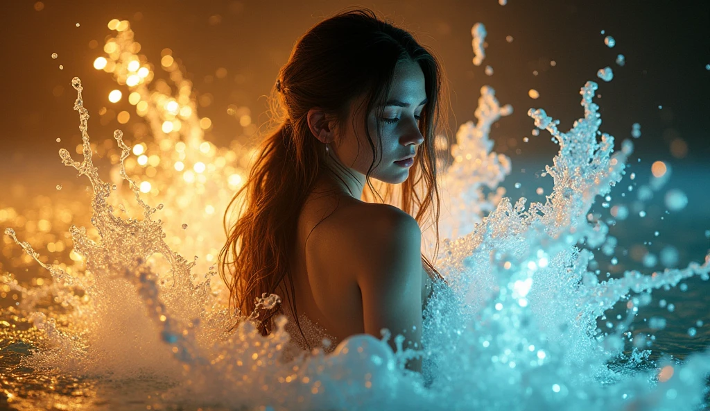 plump and rounded woman in [no clothes], dark wet hair, hourglass body, hairy skin, abs and flat belly, selfie, blue eyes, from above, blushed face, wet skin, naked, magical realism, film grain, Polaroid, Circular polarizer, Saturated, Light sparkles, (sexy), (high quality, 8k, detailed, masterpiece:1.2), hands behind head