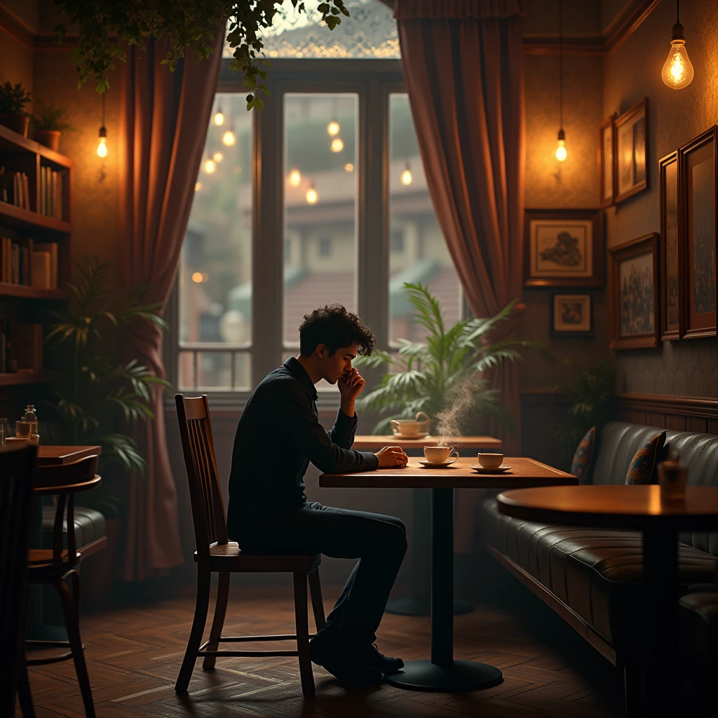 "A tranquil night scene of a cozy café with warm lights. A person is reading a book, surrounded by the soft glow of lamps, with a cup of coffee on the table. Outside the window, a starry sky and city lights create a calming atmosphere."