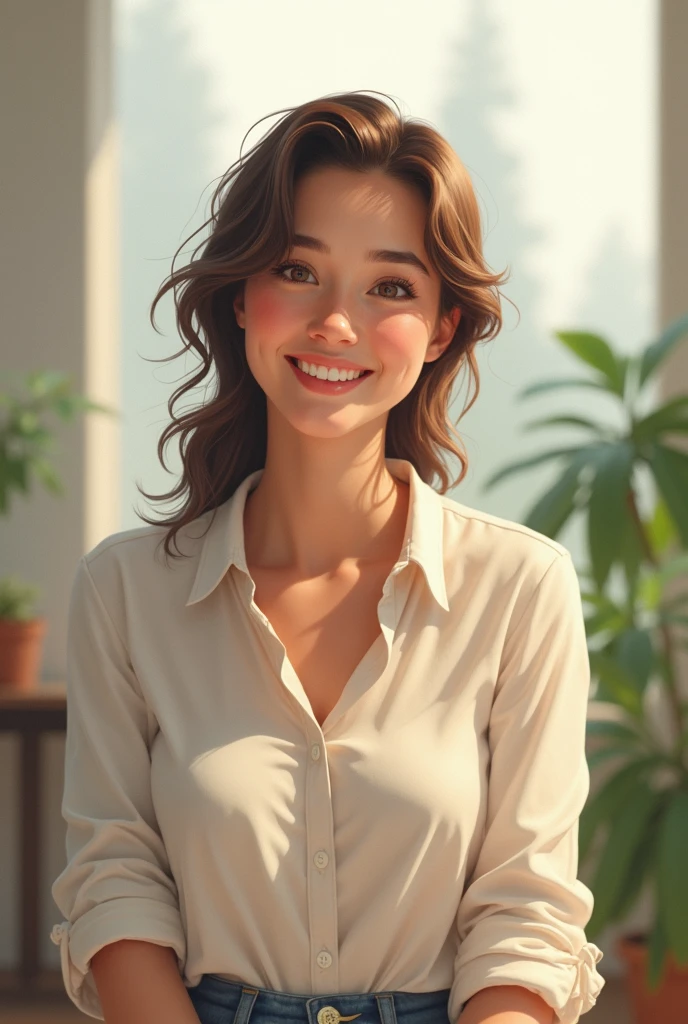 une femme brune de face avec un jolie décoletté dans un chemisier et un jeans . Elle est souriante avec des yeux verts émeraude dans une pièce lumineuse