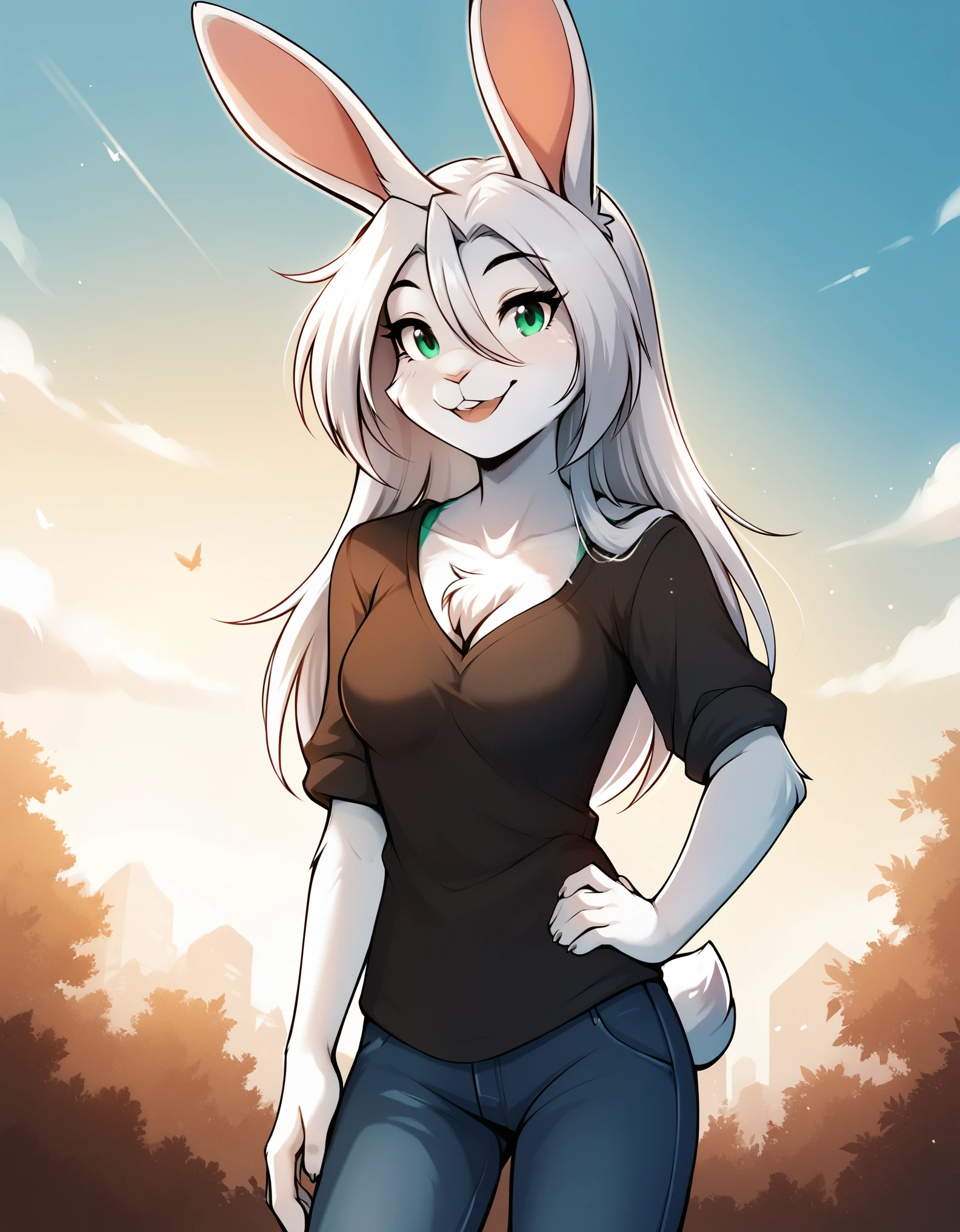 score_9, score_8_up, score_7_up, rating_safe, source_furry, BREAK,  twokinds, tkstyle,  amora, furry female, rabbit, white hair, green eyes, medium breasts, long hair, rabbit ears, rabbit tail