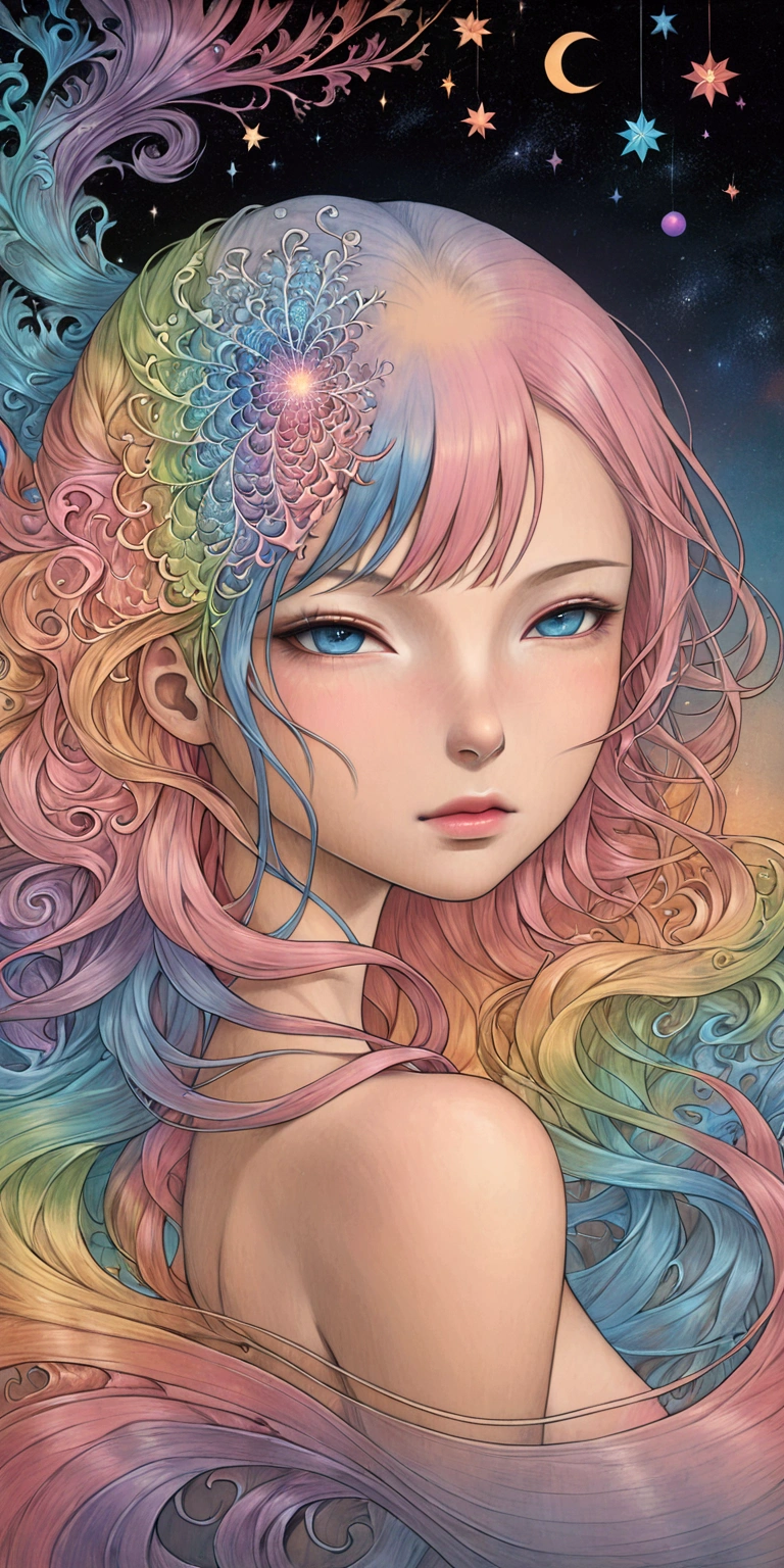 pink hair girl, short hair, no bangs, no bangs, smiling, nude