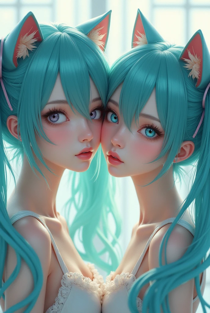 Create an AI-generated image of 2 anime cat girls kissing, romantic, in love, happy, with medium breasts, long length teal-green hair in a ponytail with bright teal-green eyes, long length cyan hair with bright blue eyes, naked, love, sexy, touching, laying on top of each other, intimate, close, NSFW, bokeh, beach, wet skin, sparkly,