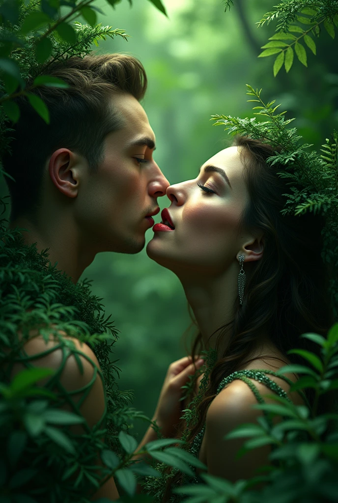 The first kiss off adam and eve in eden gardens (you know what to do) should be in oil painting format, high clarity, intricate details, conceptual art, painting, cinematic, illustration, both lying down nude, highly intimate, passionate kiss, very sensual, deep clarity, sharp details, 