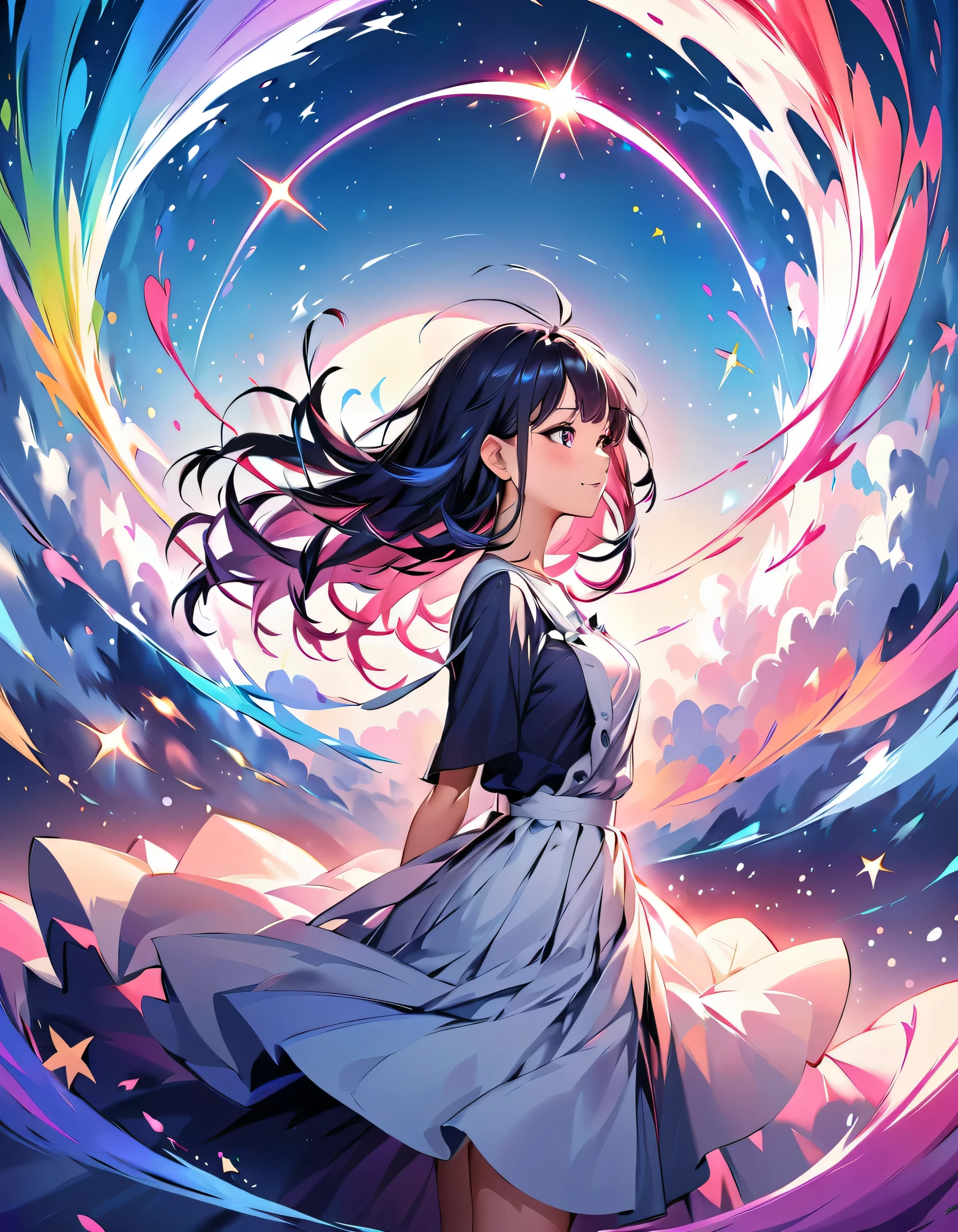 A mesmerizing and surreal landscape where a girl is frozen in a moment as she leaps through time. The scene is set in a mystical field, with a cascade of seven vividly colored winds swirling around her, each representing a different hue of the rainbow. The girl’s hair and clothes flow elegantly with the currents, blending seamlessly with the vibrant, ethereal colors. Her expression is serene and filled with wonder, as if she’s experiencing the beauty of time itself. The background features a sky transitioning from day to night, with stars beginning to twinkle against a pastel gradient. The overall atmosphere is dreamlike, with soft lighting casting a gentle glow over the entire scene, evoking a sense of awe and peacefulness.High resolution, masterpiece, accurate, Anatomically correct, 最high quality, High detail, high quality, quality, Very detailed, Ultra high definition, 