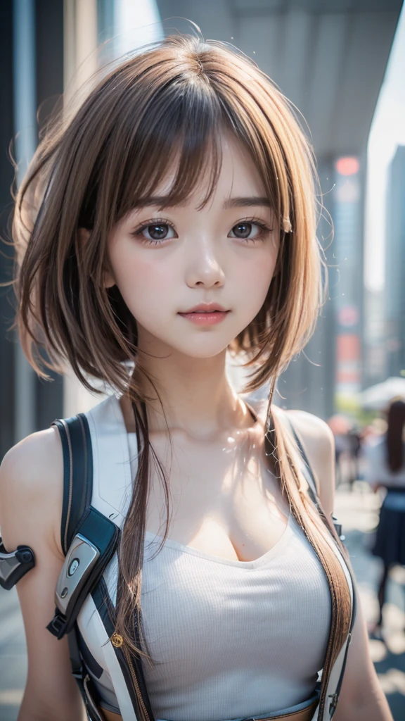 (((A pure and cute beautiful girl stands in a futuristic city:1.2))), (((Upper body portrait))), Beautiful straight hair, Short brown hair, Immersion, (Beautiful symmetrical eyes), (Thin thighs:1.2, Beautiful feet:1.2), Slender body line, ((Tight waist:1.2)), (Japanese Idols, *********:1.3, high school girl, teenage), (Perfect Anatomy:1.3), Moisturizing lips, Beautiful breasts, (Highest quality、Highest quality、Masterpiece、Ultra high definition、Reality:1.37), (Detailed eyes and face:1.3、Professional photography techniques)、((Hair blowing in the wind:1.3)), (((Cute tops, Futuristic fashion)))