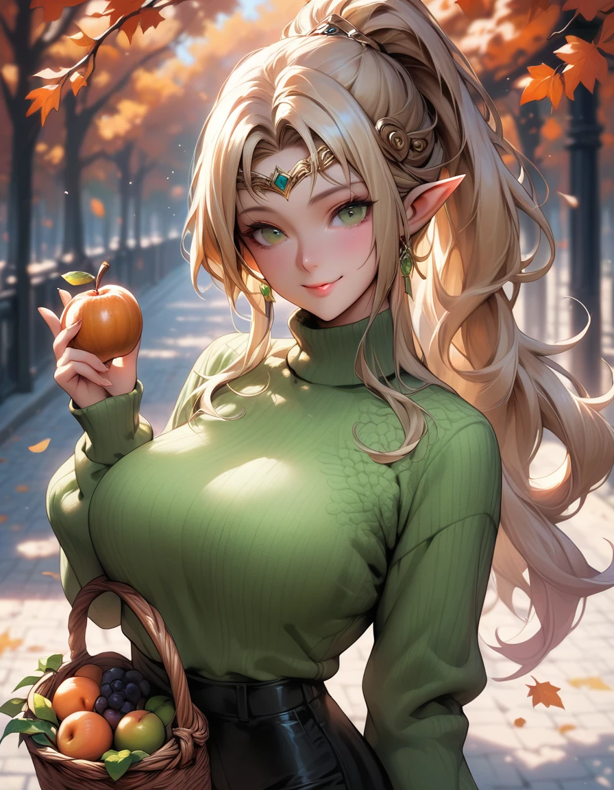 score_9, score_8_up, score_7_up, score_6_up, source_anime, 1girl, solo, eowlk, pointy ears, long hair, blonde hair, green eyes, ponytail, circlet, beige sweater, turtleneck, autumn, large breasts, black pants, holding basket of fruit, smile, looking at you
