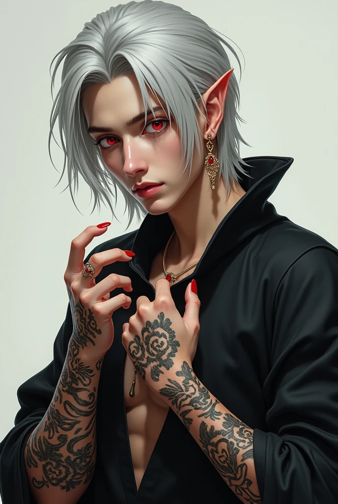 ((best quality)), ((masterpiece)), (detailed), (Full body), perfect face, a beautiful and sexy demon boy, he has white hair and sky blue eyes, his teeth are sharp and pointed. His hands are stained with blood.